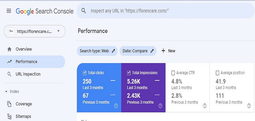 Florencare Google Search Console Overview Image